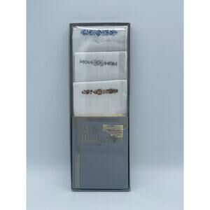 Vintage Mens Handkerchiefs Set of 3 Embroidered Cotton White Gift Box NIB